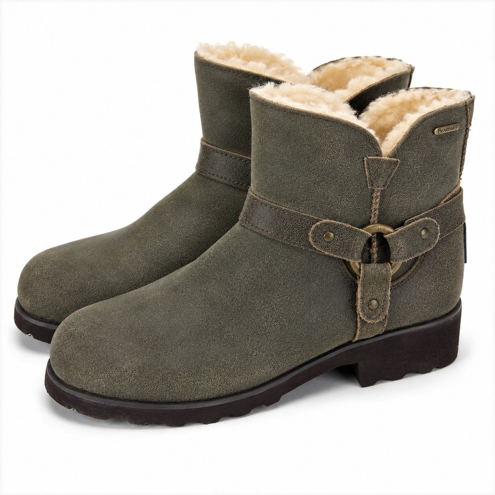 Bearpaw Anna Short Boots Women 12 Olive Green Suede Sherpa Lined Moto Biker